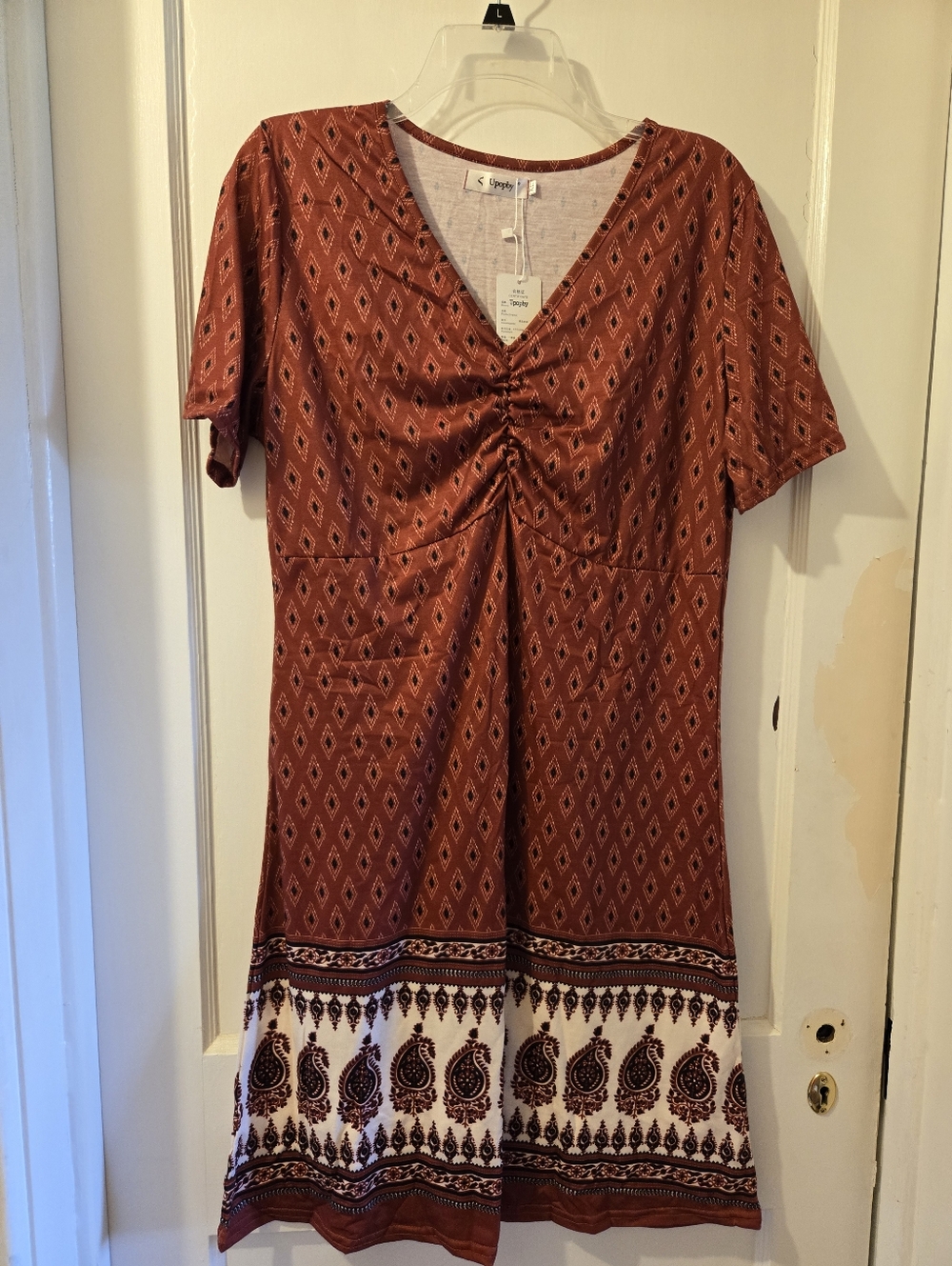 Rust Paisley Midi Dress with Ruched Front